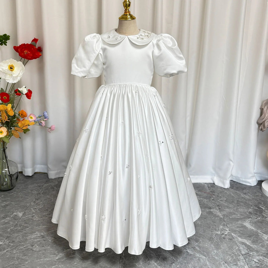 TinyTulle Elegant White Satin Puff Sleeve Ankle-Length Princess Flower Girl Dress