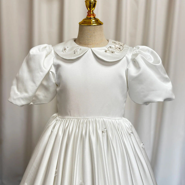 TinyTulle Elegant White Satin Puff Sleeve Ankle-Length Princess Flower Girl Dress