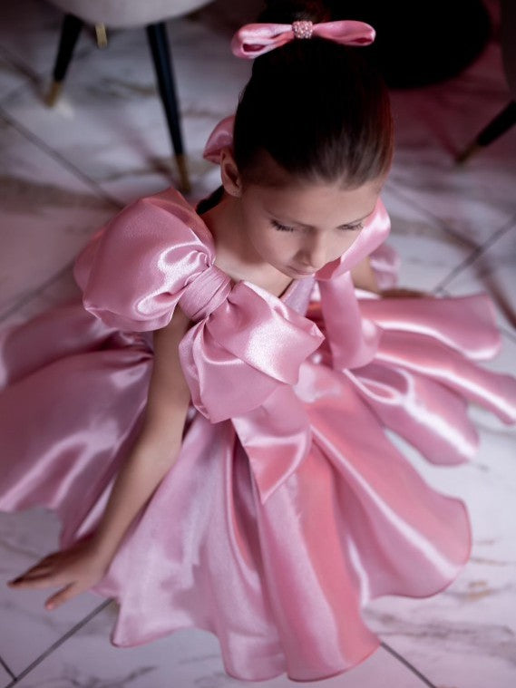 TinyTulle Elegant Pink Satin Tulle Baby Girl Dress Princess First Birthday Party Gown