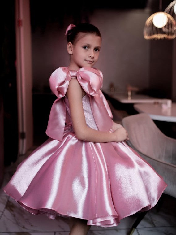 TinyTulle Elegant Pink Satin Tulle Baby Girl Dress Princess First Birthday Party Gown