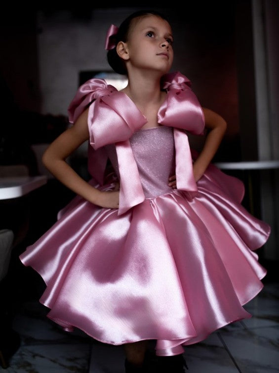 TinyTulle Elegant Pink Satin Tulle Baby Girl Dress Princess First Birthday Party Gown