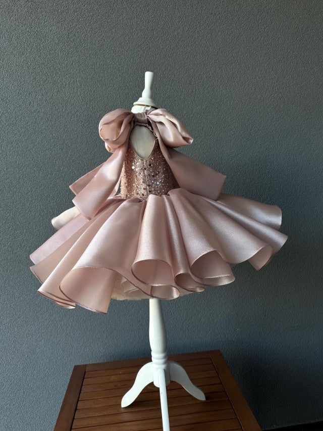 TinyTulle Elegant Pink Satin Tulle Baby Girl Dress Princess First Birthday Party Gown