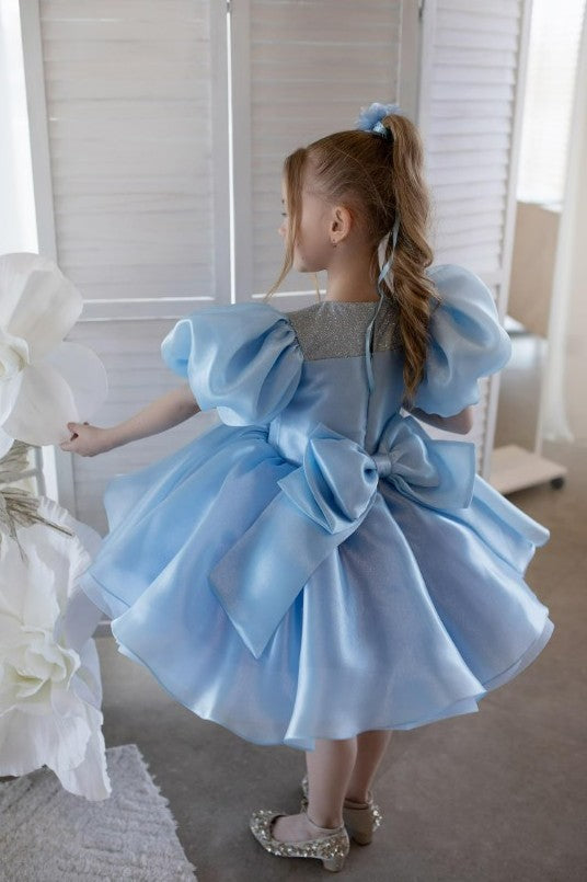 TinyTulle Blue Puff Sleeve Tulle Flower Girl Dress Tutu Party Gown for Birthday &amp; Wedding