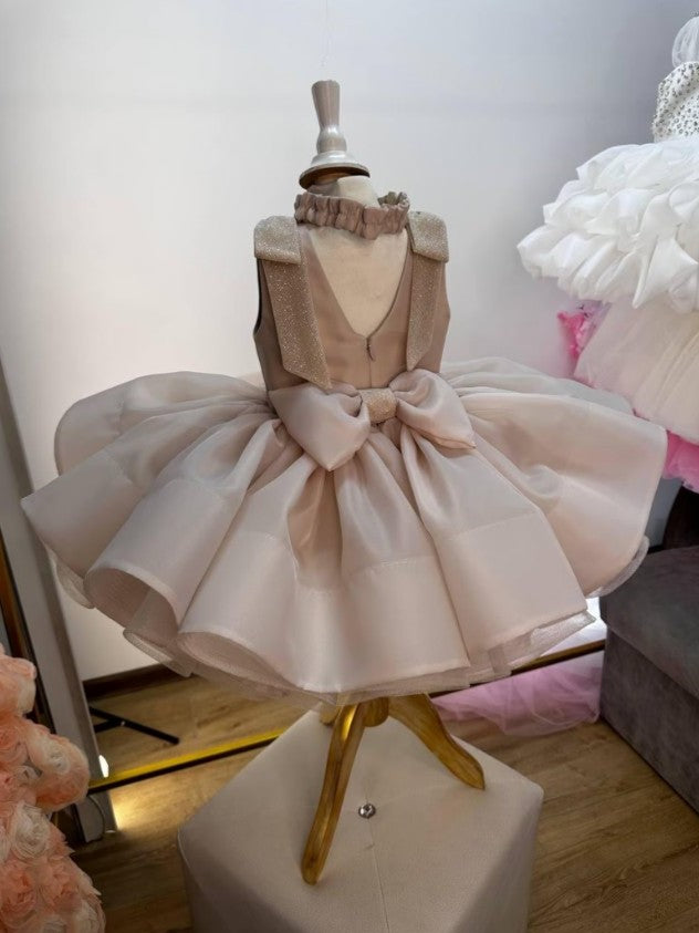 TinyTulle Beige Organza Princess Flower Girl Dress with V Back &amp; Bow Details