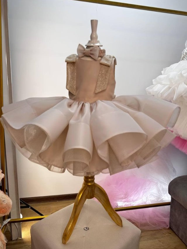 TinyTulle Beige Organza Princess Flower Girl Dress with V Back &amp; Bow Details
