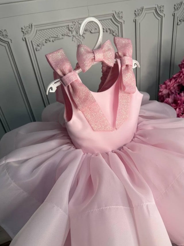 TinyTulle Beige Organza Princess Flower Girl Dress with V Back &amp; Bow Details