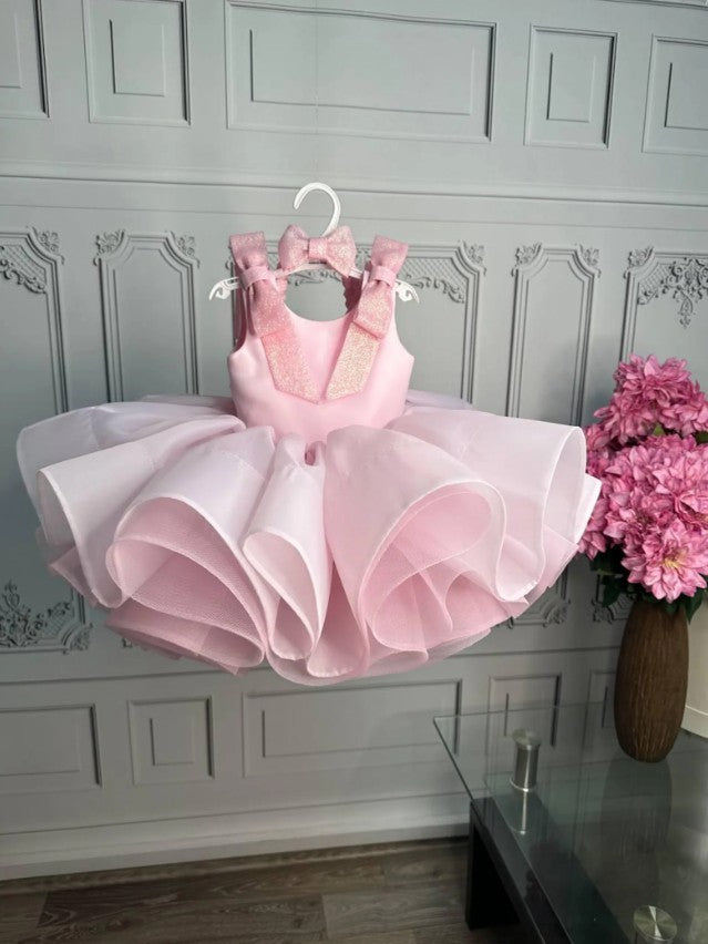 TinyTulle Beige Organza Princess Flower Girl Dress with V Back &amp; Bow Details