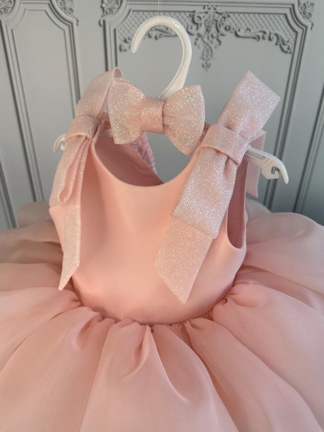 TinyTulle Beige Organza Princess Flower Girl Dress with V Back &amp; Bow Details