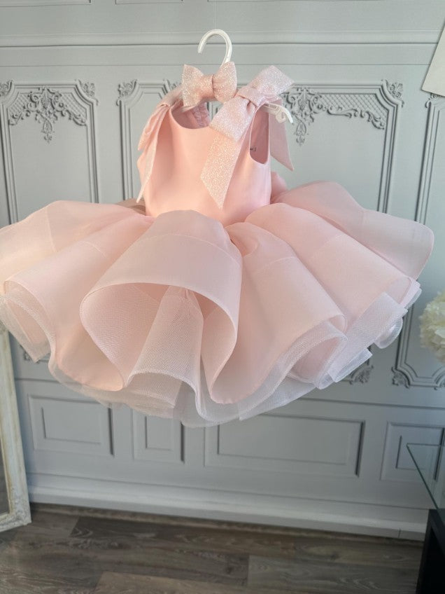 TinyTulle Beige Organza Princess Flower Girl Dress with V Back &amp; Bow Details
