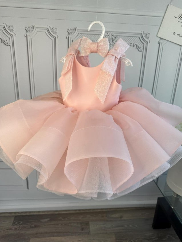 TinyTulle Beige Organza Princess Flower Girl Dress with V Back &amp; Bow Details
