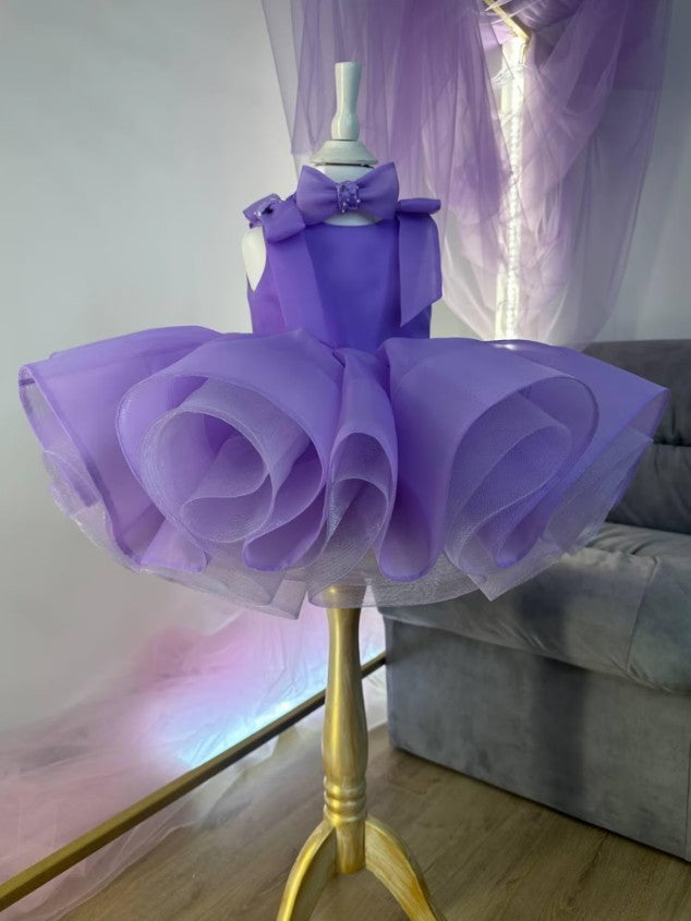 TinyTulle Beige Organza Princess Flower Girl Dress with V Back &amp; Bow Details