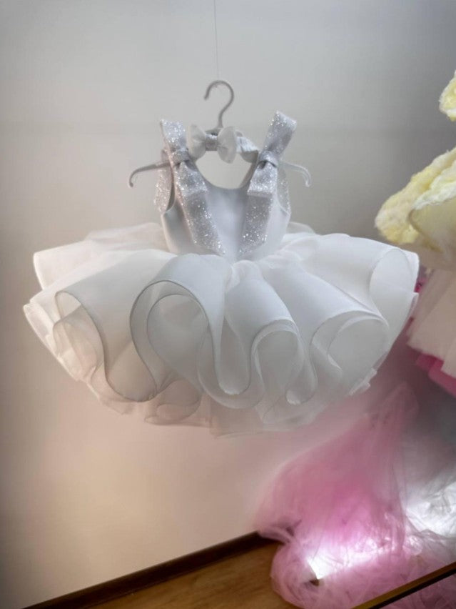 TinyTulle Beige Organza Princess Flower Girl Dress with V Back &amp; Bow Details
