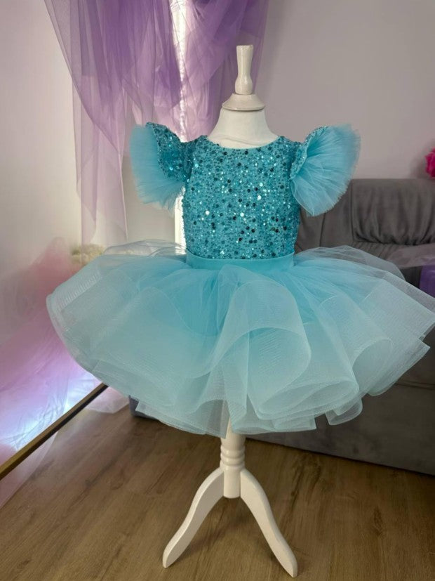 TinyTulle Turquoise Sequin Tulle Baby Girls Dress 1st Birthday Party &amp; Pageant Gown