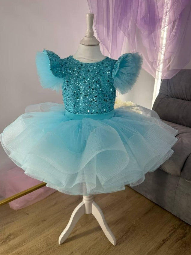 TinyTulle Turquoise Sequin Tulle Baby Girls Dress 1st Birthday Party &amp; Pageant Gown
