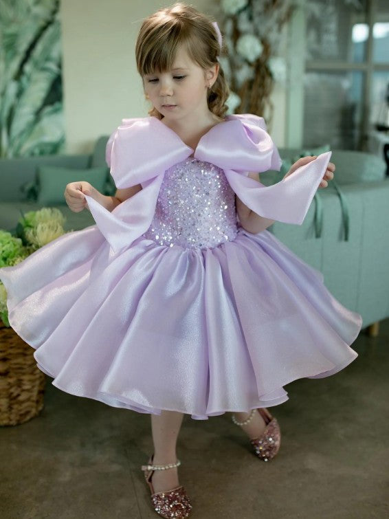 TinyTulle Lilac Sequin Organza Tutu Birthday Dress with Bows for Baby Girls