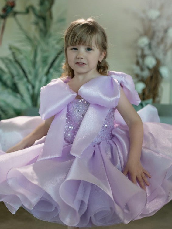 TinyTulle Lilac Sequin Organza Tutu Birthday Dress with Bows for Baby Girls