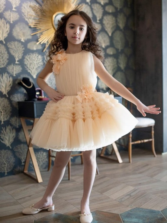TinyTulle Champagne 3D Floral Layered Tulle Princess Flower Girl Dress