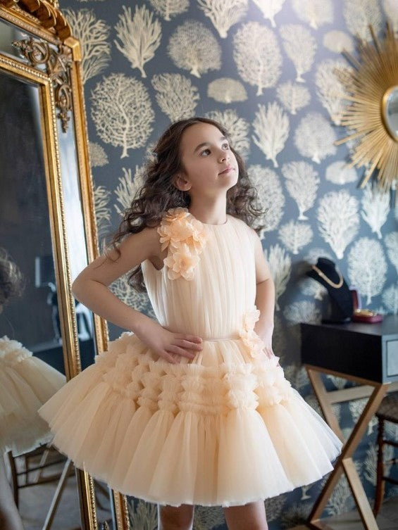 TinyTulle Champagne 3D Floral Layered Tulle Princess Flower Girl Dress