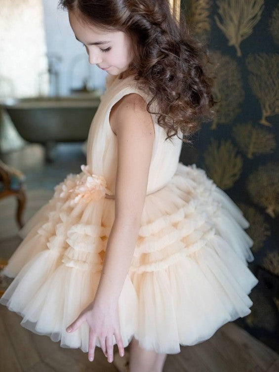TinyTulle Champagne 3D Floral Layered Tulle Princess Flower Girl Dress