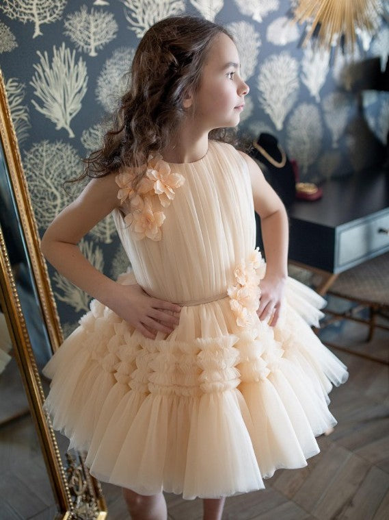 TinyTulle Champagne 3D Floral Layered Tulle Princess Flower Girl Dress
