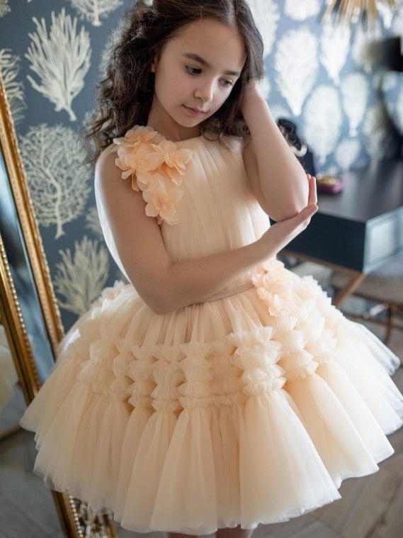 TinyTulle Champagne 3D Floral Layered Tulle Princess Flower Girl Dress