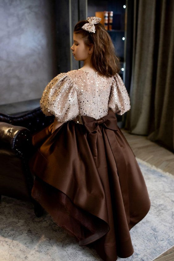 TinyTulle Beige Brown Puff Sleeve Sequin Princess Flower Girl Dress with Asymmetrical Train