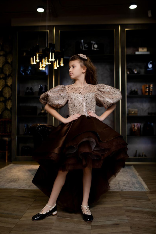 TinyTulle Beige Brown Puff Sleeve Sequin Princess Flower Girl Dress with Asymmetrical Train