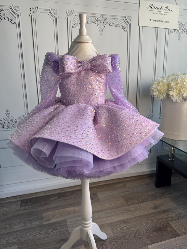 TinyTulle Lilac Sequin Tulle Ball Gown Flower Girl Dress with Statement Bow