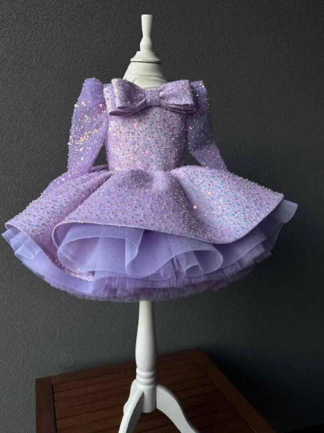 TinyTulle Lilac Sequin Tulle Ball Gown Flower Girl Dress with Statement Bow