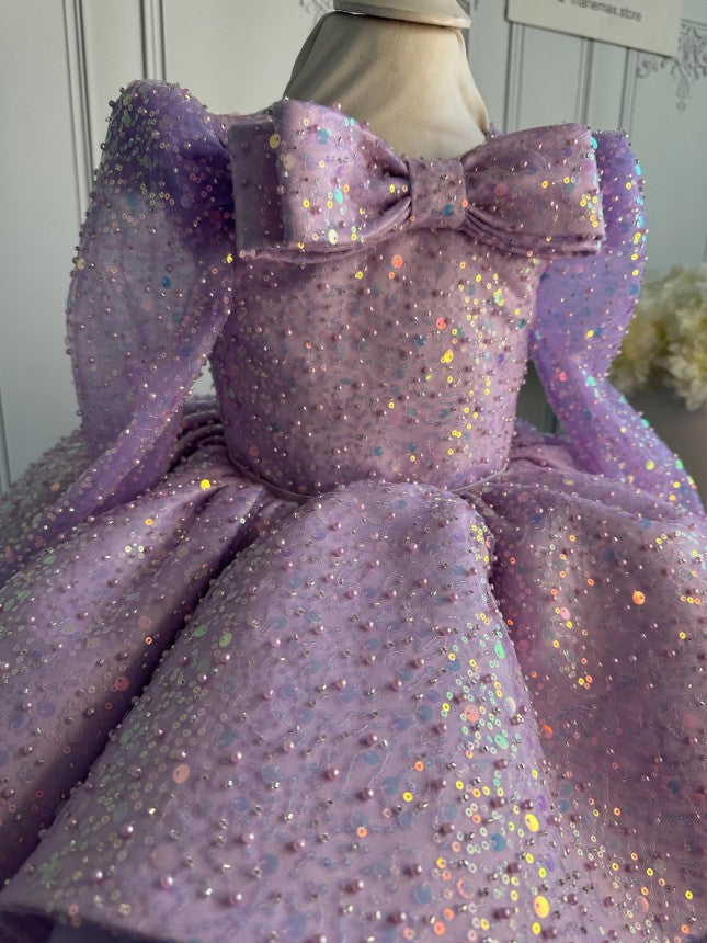 TinyTulle Lilac Sequin Tulle Ball Gown Flower Girl Dress with Statement Bow