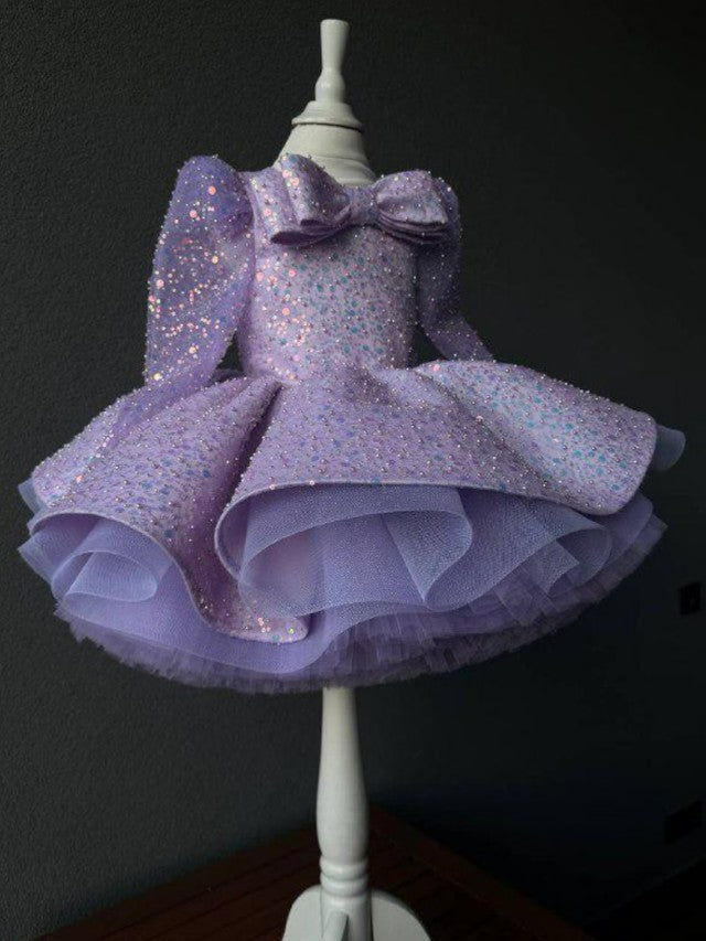 TinyTulle Lilac Sequin Tulle Ball Gown Flower Girl Dress with Statement Bow