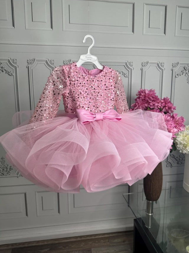 TinyTulle Pink Long Sleeve Sequin Tulle Ball Gown Flower Girl Dress with Bow