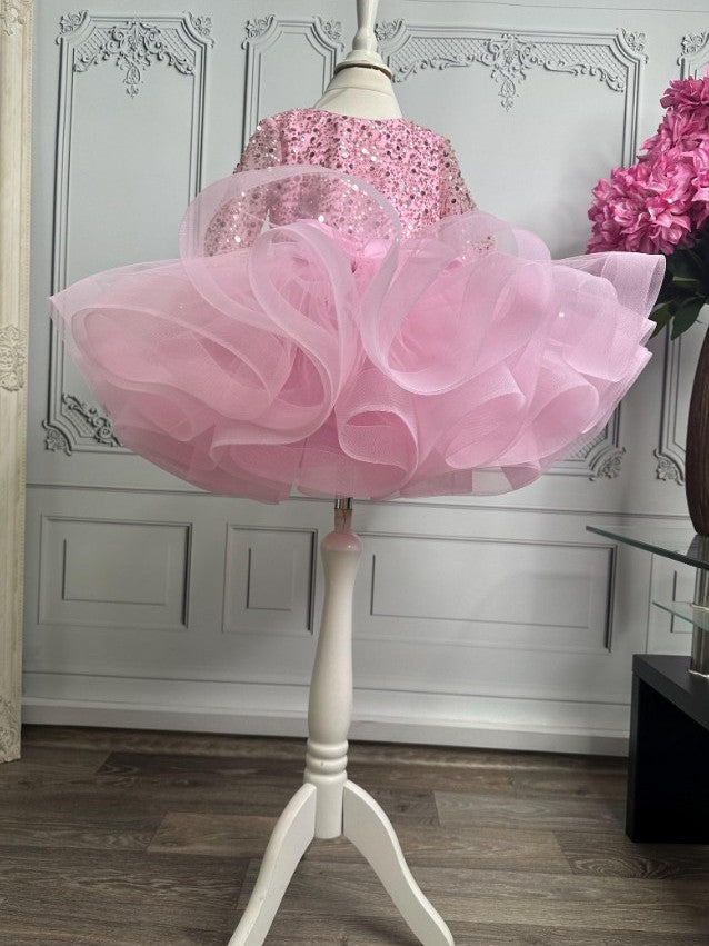 TinyTulle Pink Long Sleeve Sequin Tulle Ball Gown Flower Girl Dress with Bow