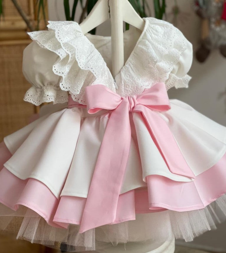 TinyTulle Pink and Ivory 1st Birthday Dress for Baby Girl with Tulle Tutu Skirt