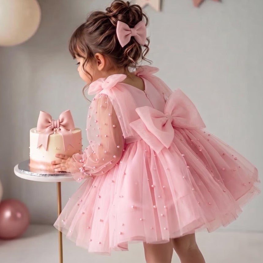 TinyTulle Dusty Pink Tulle and Satin Baby Girl Birthday Dress with Oversized Bow