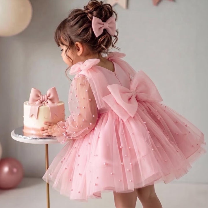 TinyTulle Dusty Pink Tulle and Satin Baby Girl Birthday Dress with Oversized Bow