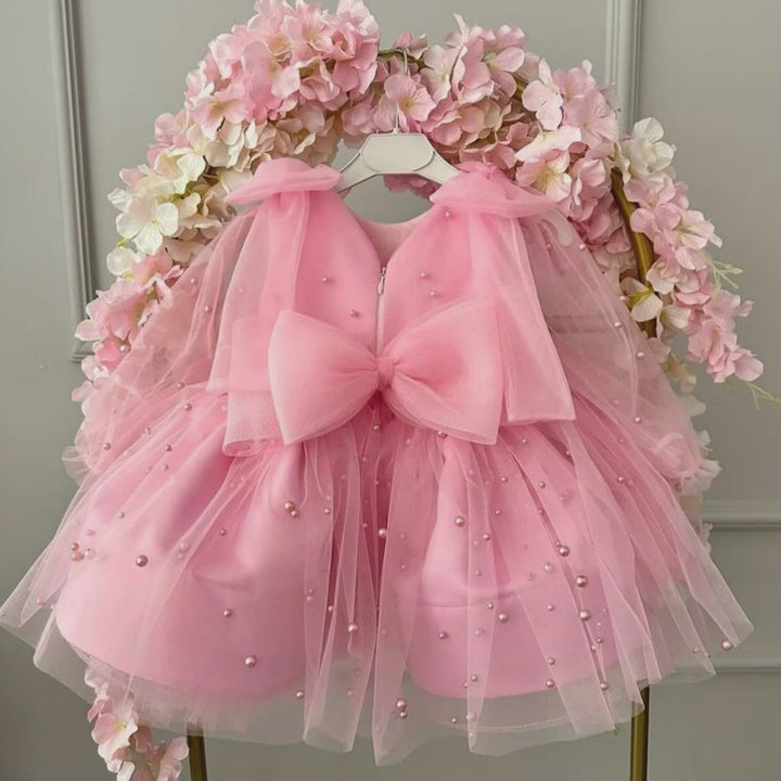 TinyTulle Dusty Pink Tulle and Satin Baby Girl Birthday Dress with Oversized Bow