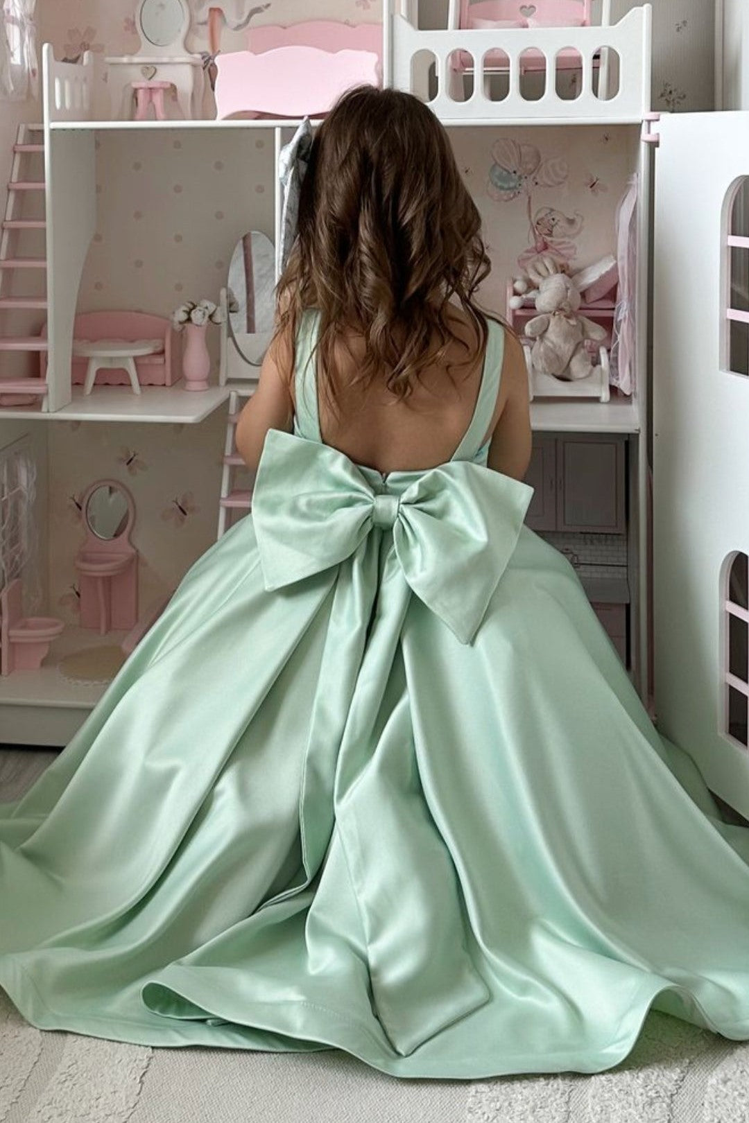 TinyTulle Elegant Sage Green Satin A-Line Flower Girl Dress with Bow