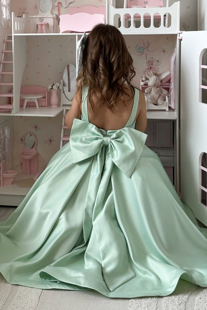 TinyTulle Elegant Sage Green Satin A-Line Flower Girl Dress with Bow