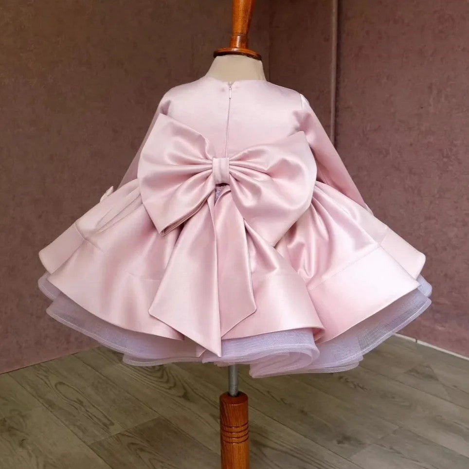 TinyTulle Blush Pink Satin Princess Flower Girl Dress with Bow Accents