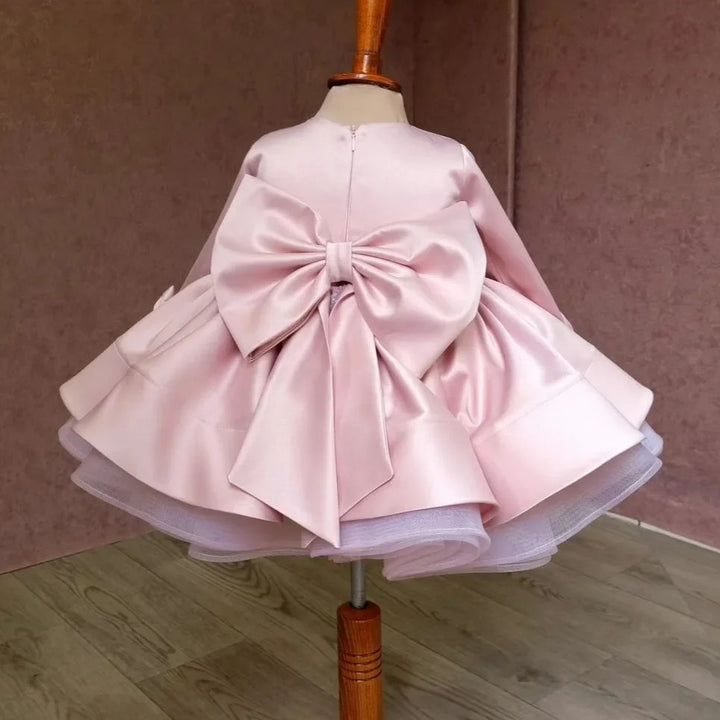 TinyTulle Blush Pink Satin Princess Flower Girl Dress with Bow Accents