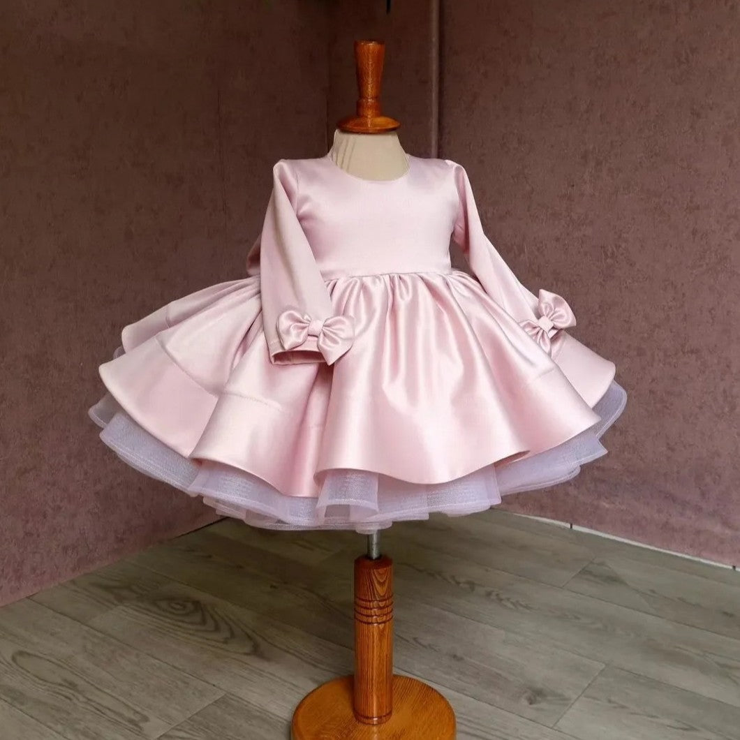 TinyTulle Blush Pink Satin Princess Flower Girl Dress with Bow Accents