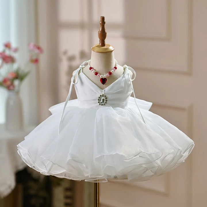 TinyTulle Fuchsia V-Neck Sleeveless Tulle Princess Flower Girl Dress with Bow