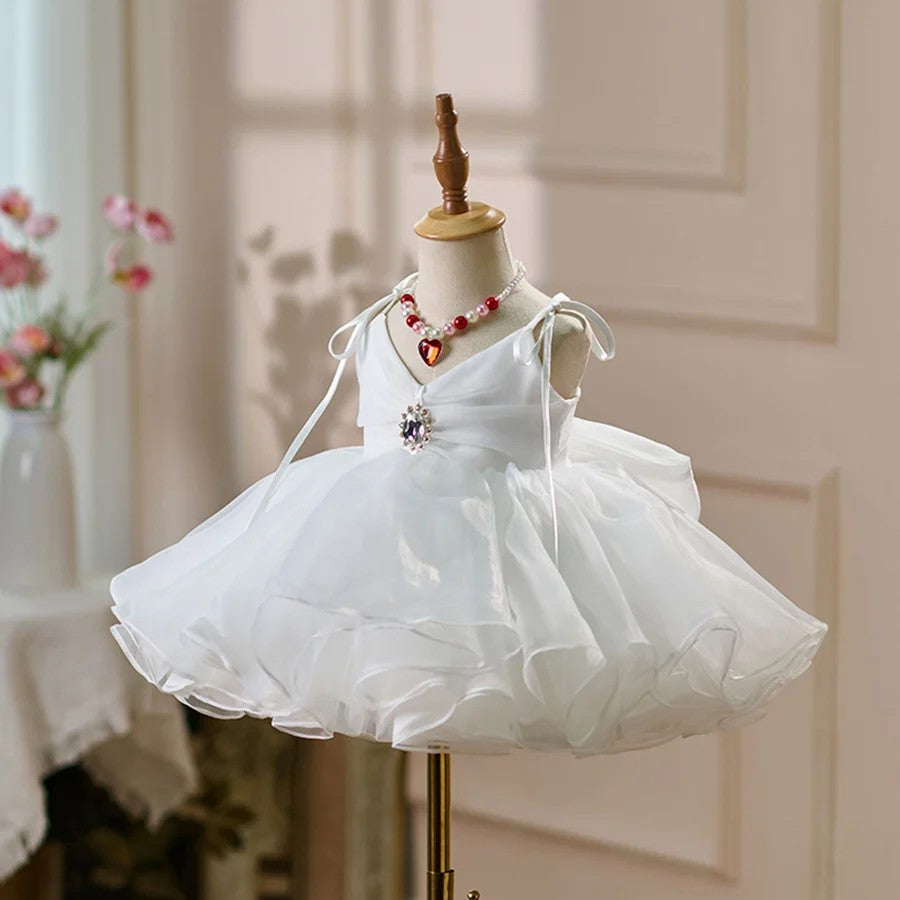TinyTulle Fuchsia V-Neck Sleeveless Tulle Princess Flower Girl Dress with Bow