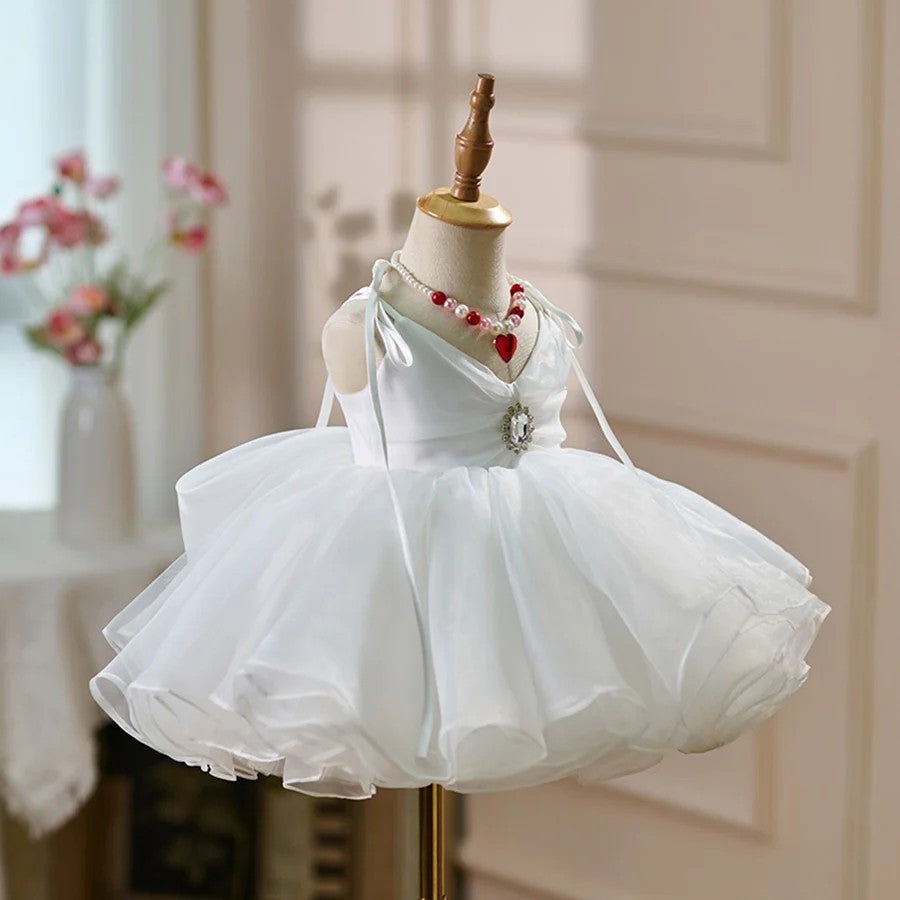 TinyTulle Fuchsia V-Neck Sleeveless Tulle Princess Flower Girl Dress with Bow
