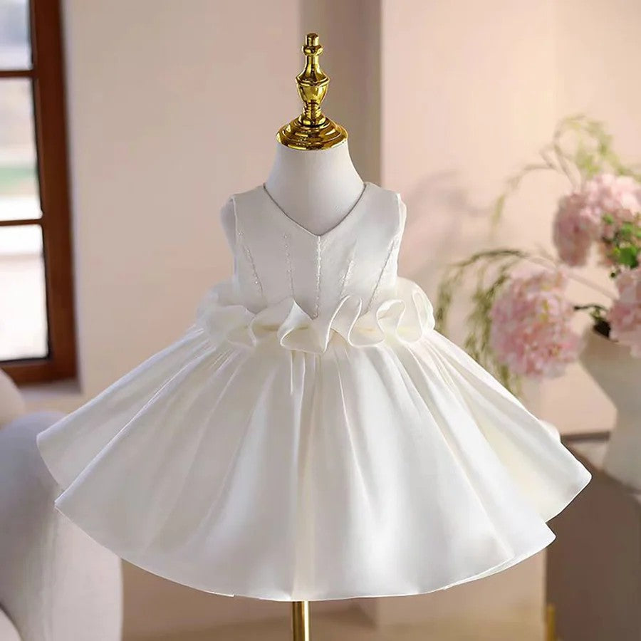 TinyTulle Lilac Satin V-Neck Princess Flower Girl Dress with Beaded &amp; Pleated Bodice