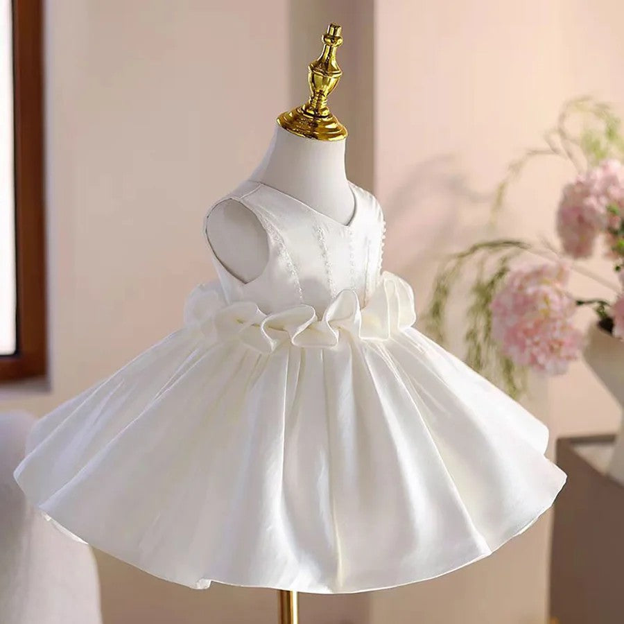 TinyTulle Lilac Satin V-Neck Princess Flower Girl Dress with Beaded &amp; Pleated Bodice