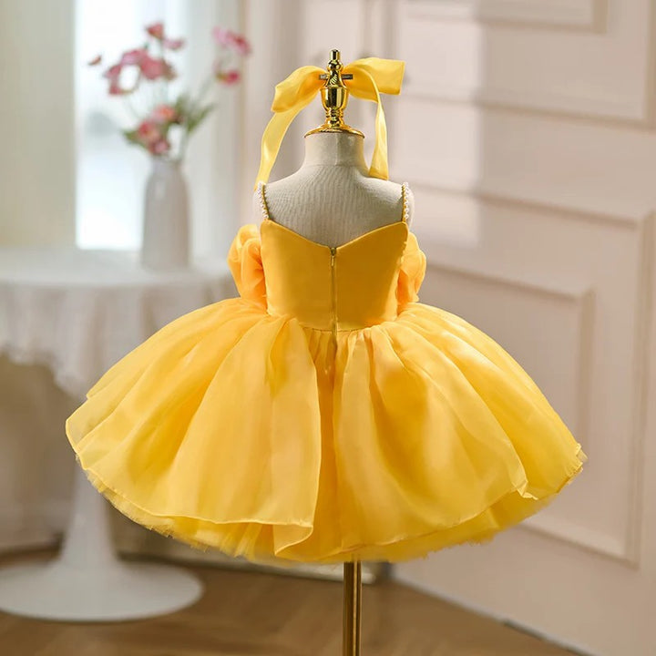 TinyTulle Baby Girl Yellow Tulle Ball Gown Dress with Pearl Details &amp; 3D Floral Accents