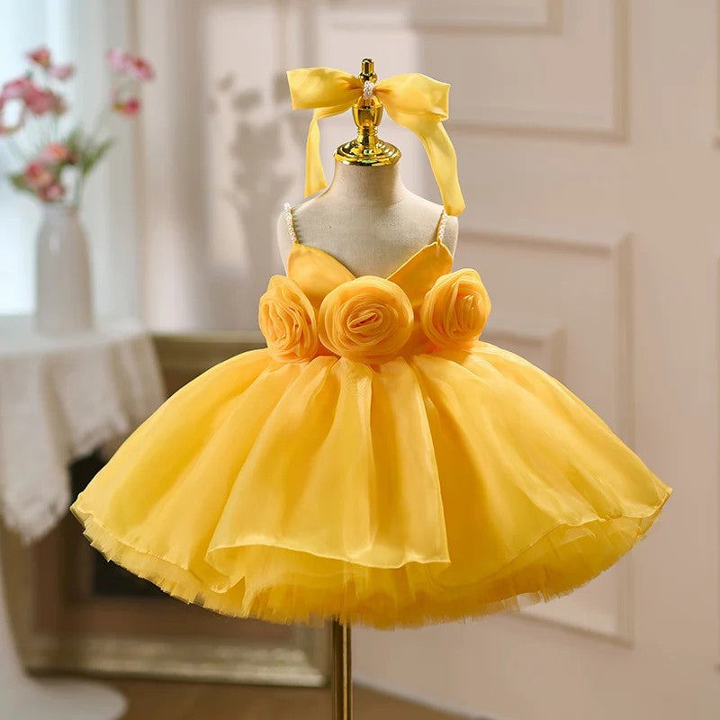 TinyTulle Baby Girl Yellow Tulle Ball Gown Dress with Pearl Details &amp; 3D Floral Accents