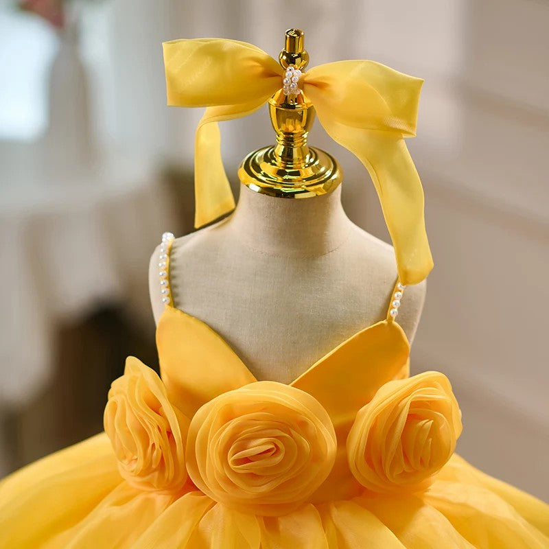 TinyTulle Baby Girl Yellow Tulle Ball Gown Dress with Pearl Details &amp; 3D Floral Accents